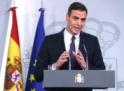 El presidente del Gobierno, Pedro Sánchez, en una rueda de prensa en el Palacio de la Moncloa.