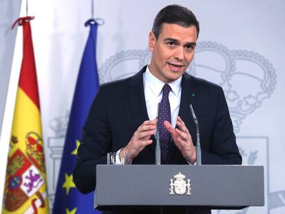 El presidente del Gobierno, Pedro Sánchez, en una rueda de prensa en el Palacio de la Moncloa.