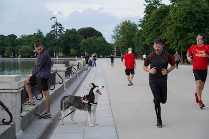 Carlos, with his dog Aika, by the lake in El Retiro on Monday.