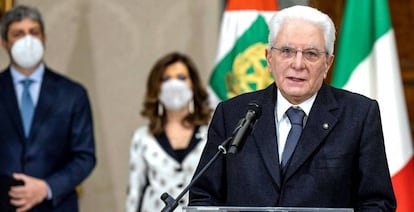 El presidente italiano, Sergio Mattarella, comparecía el lunes tras su reelección.