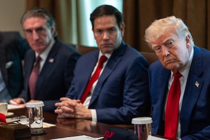 Marco Rubio (center) next to Donald Trump (right) during a Cabinet meeting, on April 30th in the Cabinet Room.