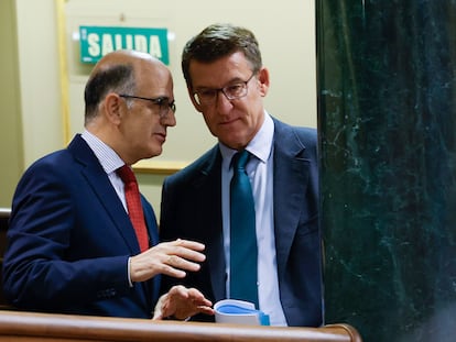Alberto Núñez Feijóo conversa con el diputado de UPN Alberto Catalán, durante la sesión de control al Ejecutivo, este miércoles en el Congreso.