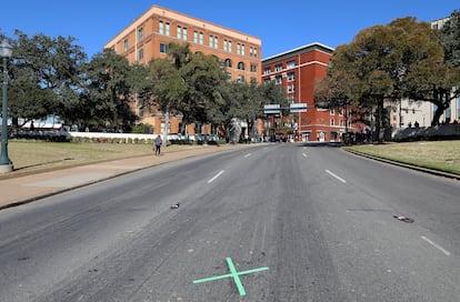X' marks the spot along Elm Street, which is the site where President John F. Kennedy was assassinated on November 22, 1963 in Dallas, Texas