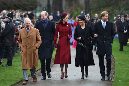 Prince Harry and Meghan Markle with Kate Middleton, Prince William and then Prince Charles at a Christmas Day church service in 2018.