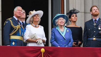 From left to right, Prince Charles, Prince Andrew, Camilla Parker Bowles, Queen Elizabeth, Prince Harry and Meghan Markle, in London in July, 2018. 