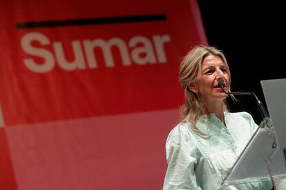 La candidata de Sumar a la Presidencia del Gobierno, Yolanda Díaz, participa en un mitin de campaña electoral este viernes en Zaragoza.