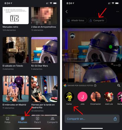 Compartir álbumes rápidamente en Google Fotos.
