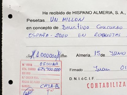 DONACI&Oacute;N. La contabilidad b de Hispano Almer&iacute;a refleja un pago de un mill&oacute;n de pesetas en 2000 al portavoz del PSOE en Roquetas.