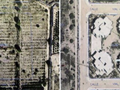 Fotografía tomada por satélite de la misma parcela en 2005 y 2012, donde se han construido cuatro torres ilegales de ocho alturas.