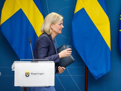 La primera ministra sueca, Magdalena Andersson, durante la rueda de prensa de este miércoles en Estocolmo.