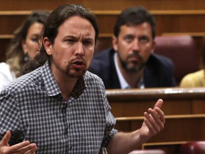 El líder de Unidas Podemos, Pablo Iglesias, durante la primera jornada del debate de investidura.