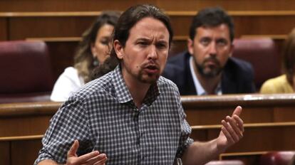 El líder de Unidas Podemos, Pablo Iglesias, durante la primera jornada del debate de investidura.