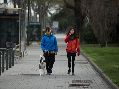 Dos personas pasean un perro por la avenida Diagonal de Barcelona.