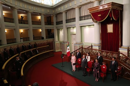 Claudia Sheinbaum junto al presidente Andrés Manuel López Obrador y algunos de los que serían sus principales contendientes por la candidatura de Morena: Adán Augusto López Hernández y Marcelo Ebrard Casaubon, en la reinauguración del Recinto Parlamentario de Palacio Nacional, el 22 de agosto de 2022.