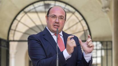 El presidente de la Comunidad de Murcia, Pedro Antonio Sánchez, durante la rueda de prensa que ofreció el 13 de febrero.