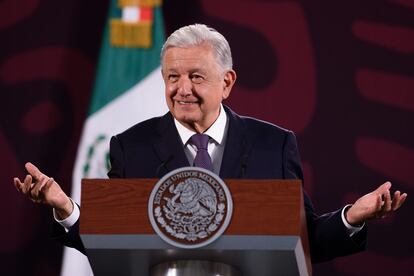 Andrés Manuel López Obrador durante su conferencia de prensa del miércoles en el Palacio Nacional, Ciudad de México.