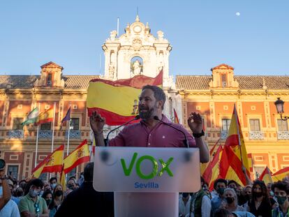 Santiago Abascal, durante un mitin celebrado en Sevilla el pasado mayo.