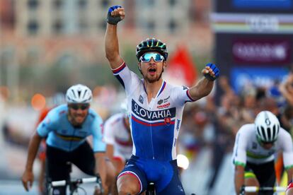 Sagan celebra su victoria por delante de Boonen, Kristoff y Mathews.