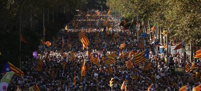  El paseo de Sant Joan, durante la concentraci&oacute;n convocada por la ANC y &Ograve;mnium.