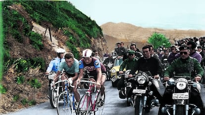 Anquetil, a la izquierda, y Poulidor, en su hombro a hombro en el Puy de Dôme del Tour del 64.