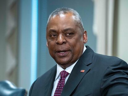 Secretary of Defense Lloyd Austin speaks during a meeting with Albanian Defense Minister Niko Peleshi at the Pentagon, Thursday, Jan. 26, 2023, in Washington.