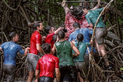 Varios concursantes del 'reality' 'El conquistador del Caribe' (ETB) intentaban arrancar con la boca trozos de un cerdo en el "desafío caníbal".
