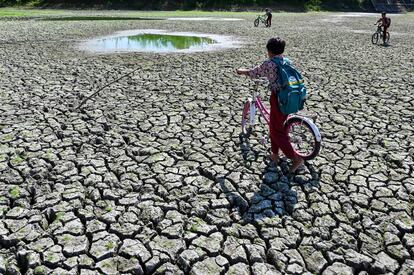 Niños juegan en un embalse seco de arrozales debido a la sequía en Kuta Cot Glie, provincia de Aceh, Indonesia, el 24 de enero de 2024. 