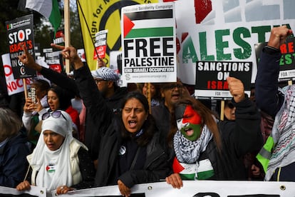A group of demonstrators protest in solidarity with Palestinians in Gaza, amid the ongoing conflict between Israel and Hamas, in London, United Kingdom, on October 21, 2023.