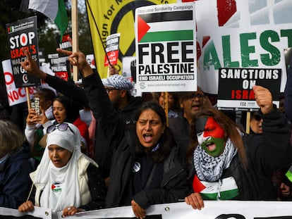 A group of demonstrators protest in solidarity with Palestinians in Gaza, amid the ongoing conflict between Israel and Hamas, in London, United Kingdom, on October 21, 2023.