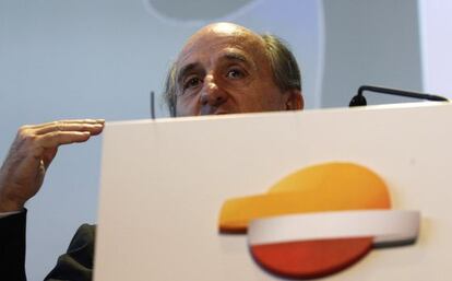 El presidente de Repsol, Antonio Brufau, durante la presentaci&oacute;n del nuevo plan estrat&eacute;gico de la compa&ntilde;&iacute;a.