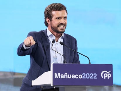 El presidente del PP, Pablo Casado, interviene en el cierre de campaña de las elecciones de Castilla y León, el viernes 11 en Valladolid.