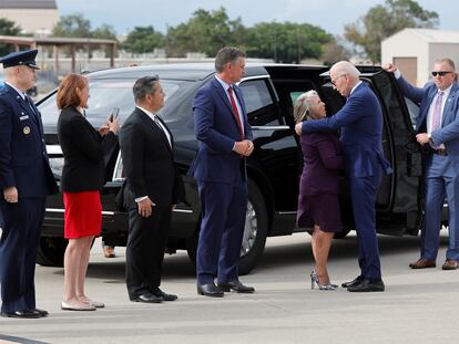 U.S. President Joe Biden meets New Mexico Governor Lujan Grisham and the official greeting party as he arrives aboard Air Force One at Kirtland Air Force Base, in Albuquerque, New Mexico, U.S. August 8, 2023.