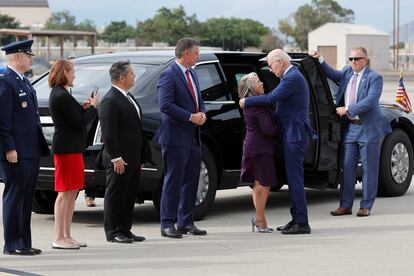 U.S. President Joe Biden meets New Mexico Governor Lujan Grisham and the official greeting party as he arrives aboard Air Force One at Kirtland Air Force Base, in Albuquerque, New Mexico, U.S. August 8, 2023.