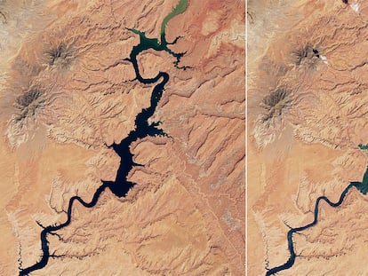 Combo formado por dos imágenes del lago Powell en la zona de Castle Butte. A la izquierda, una imagen del 16 de agosto de 2017. A la derecha, el 6 de agosto de 2022.