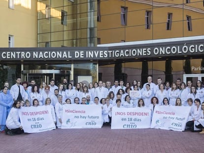 Trabajadores del CNIO (Centro Nacional de Investigaciones Oncologicas) durante una protesta el pasado mes contra los recortes y los despidos.