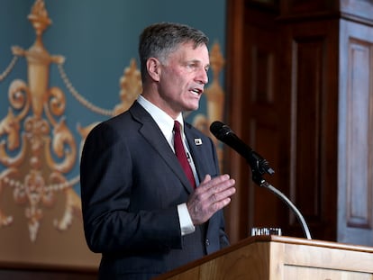 Wyoming Gov. Mark Gordon gives the State of the State address to the Wyoming Legislature on March 2, 2021, inside the state Capitol in Cheyenne, Wy.