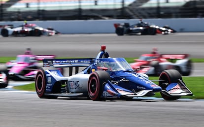 Chip Ganassi Racing driver Alex Palou (10) of Spain rounds turn 2 during the Gallagher Grand Prix at the Indianapolis Motor Speedway Road Course on Aug 12, 2023.