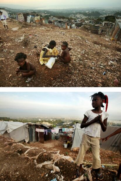 En la fotografía superior, un grupo de niños rebuscan entre los escombros de aquellos que perdieron sus casas. En la imagen de abajo, aparece otra niña que vive en uno de los campamentos de Puerto Príncipe. Según la organización Save the Children, medio millón de niños siguen viviendo en campamentos y muchos más en asentamientos marginales, carentes de protección y bajo la amenaza de la explotación y el maltrato. Además, más de 3.500 menores permanecen separados de sus familias.