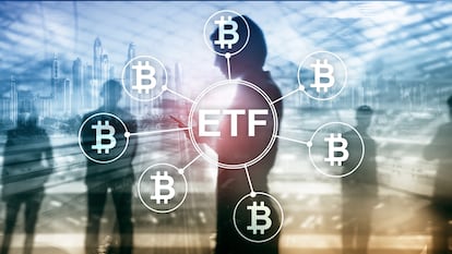 Bitcoin ETF cryptocurrency trading and investment concept on double exposure background.