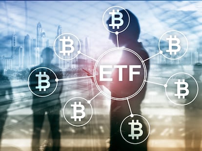 Bitcoin ETF cryptocurrency trading and investment concept on double exposure background.