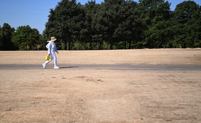 Una mujer camina por un Hyde Park golpeado por la sequía, en Londres, este miércoles.