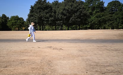 Una mujer camina por un Hyde Park golpeado por la sequía, en Londres, este miércoles.