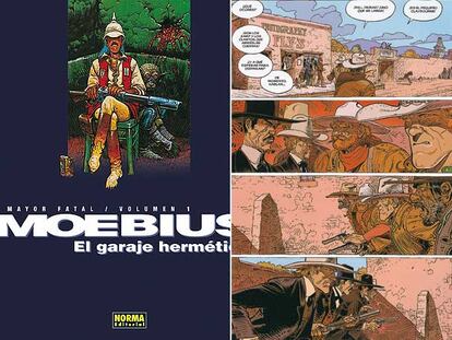 Dibujo de la portada de <i>Mayor Fatal 1. El garaje hermético</i> (a la izquierda) y viñetas de <i>Blueberry 45. Dust,</i> de Moebius (ambos en Norma Editorial).