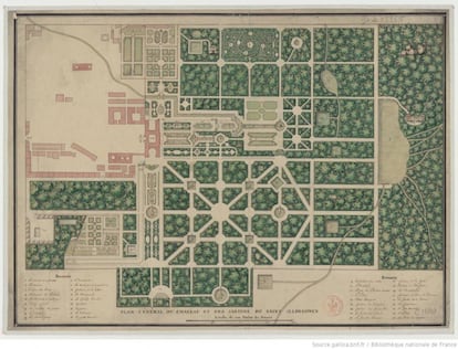 Antiguo plano de los jardines del palacio de La Granja (Segovia); en la parte superior se puede ver el laberinto.