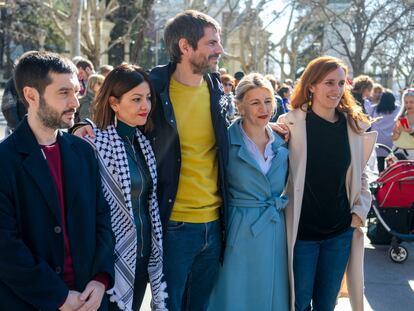 Los ministros de Sumar, Pablo Bustinduy, Sira Rego, Ernest Urtasun, Yolanda Díaz y Mónica García, en una manifestación propalestina en Madrid, el pasado 17 de febrero.