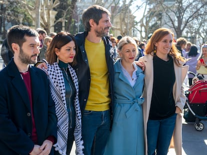 Los ministros de Sumar, Pablo Bustinduy, Sira Rego, Ernest Urtasun, Yolanda Díaz y Mónica García, en una manifestación propalestina en Madrid, el pasado 17 de febrero.