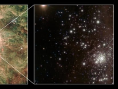 La nebulosa Tarántula, donde está la estrella más masiva descubierta hasta ahora, vista con un telescopio de 2,2 metros de diámetro (izquierda) y con el VLT (centro y derecha) en las que se aprecia gran detalle