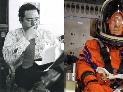 Arturo Campos, investigador hispano de la NASA, y un maniquí bautizado en su honor que viajará a la Luna al final de este año.