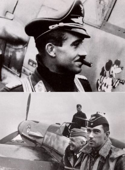 Arriba, Adolf Galland. Sobre estas líneas (a la derecha), Werner Mölders. Ambos posan junto a sus aviones.