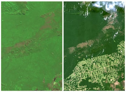 Rondonia, a western Brazilian state about half the size of Ireland, is seen in a combination of NASA satellite image taken July, 19, 1975 (L) and August, 27, 2014 (R). Deforestation of the rainforest in Rondonia in recent decades has gone ahead largely unimpeded. Since 1988, about 16 percent of the state has been cleared. An area bigger than Germany has been razed across the entire Amazon over the same period. REUTERS/NASA/Handout via Reuters TPX IMAGES OF THE DAY ATTENTION EDITORS - THIS IMAGE HAS BEEN SUPPLIED BY A THIRD PARTY. THIS PICTURE WAS PROCESSED BY REUTERS TO ENHANCE QUALITY. UNPROCESSED VERSIONS WILL BE PROVIDED SEPARATELY. FOR EDITORIAL USE ONLY. NOT FOR SALE FOR MARKETING OR ADVERTISING CAMPAIGNSÃ¢â‚¬Â¨PICTURE 38 OF 40 FOR WIDER IMAGE STORY "EARTHPRINTS: RIO PARDO" SEARCH "EARTHPRINTS PARDO" FOR ALL IMAGES